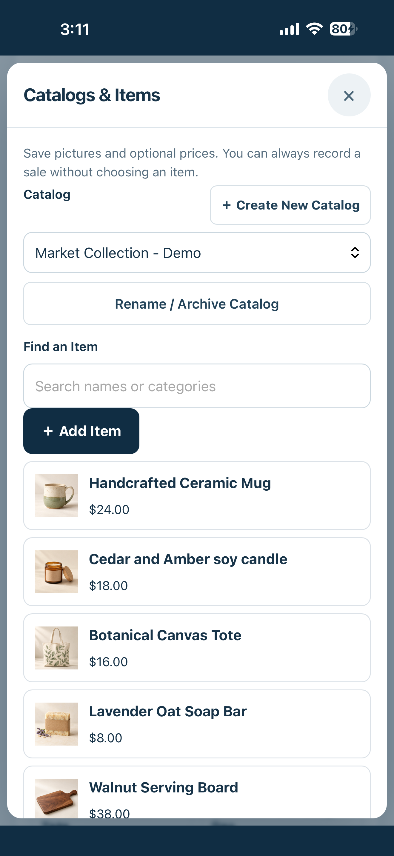 SoldNote photo catalog with sample handmade goods and prices