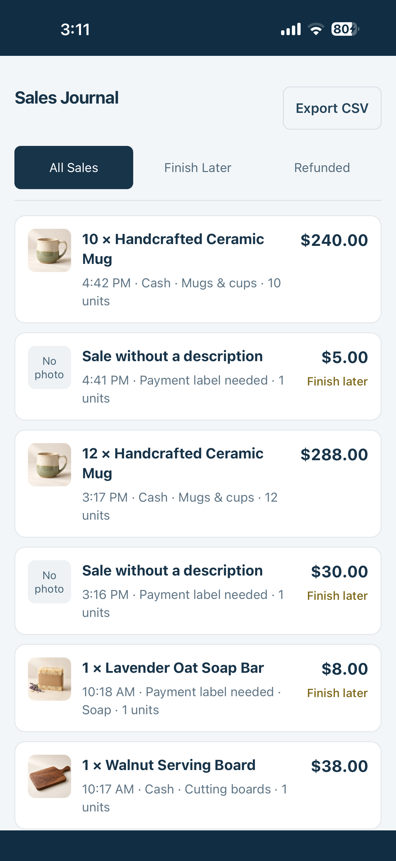 SoldNote Sales Journal showing sample market sales, payment labels and items to finish later